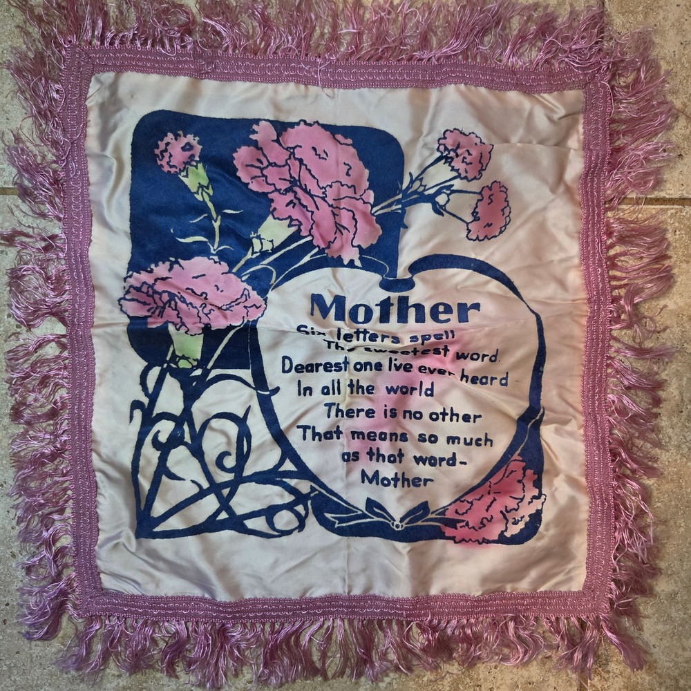 Vintage Mother Poem Satin Pillow Cover Pink Fringed Carnations Blue Backing